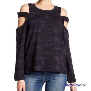 Sanctuary Camo Cold Shoulder Scoop Neck Sweater Blue Navy Black Size S